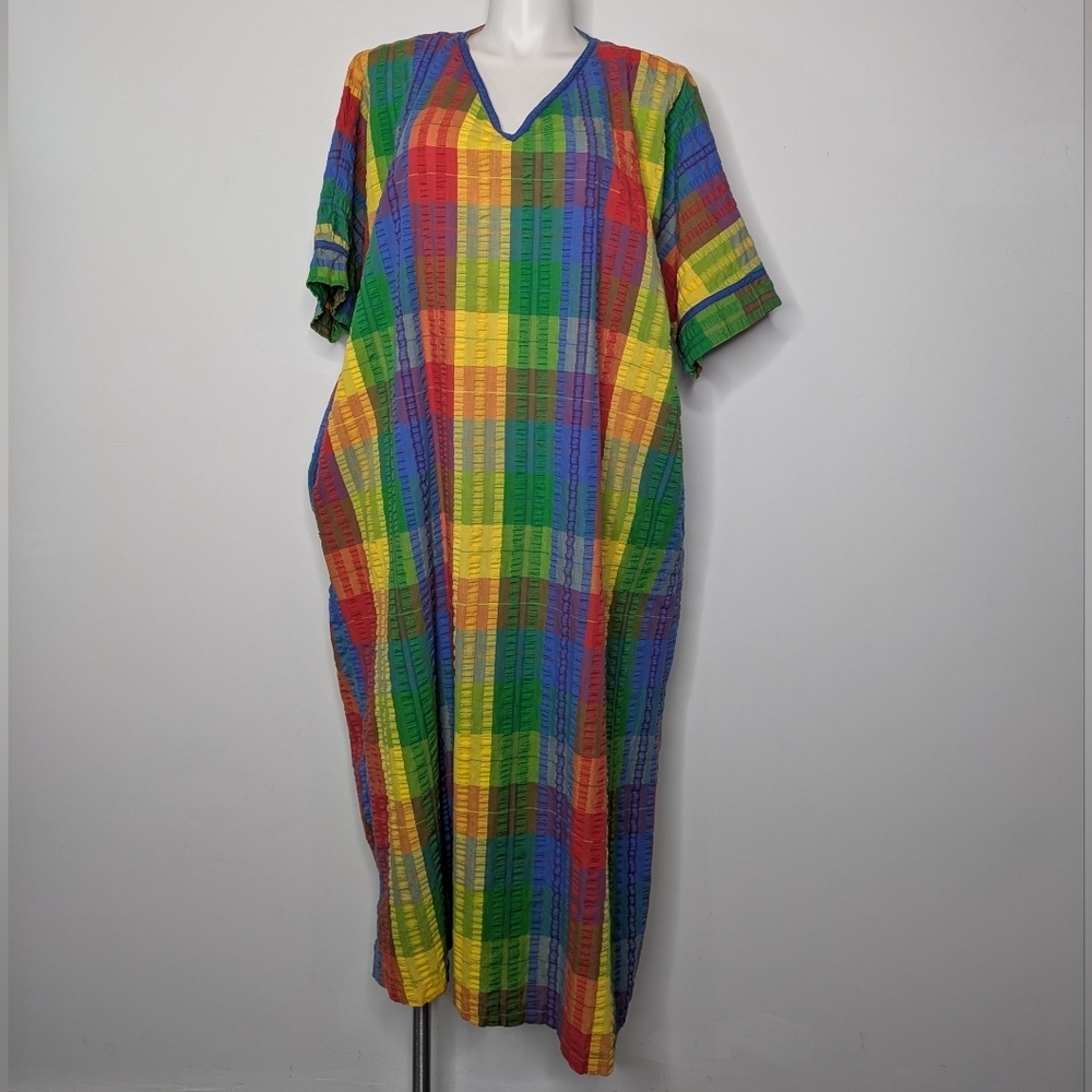 Vintage Saybury Rainbow V Neck Short Sleeve Cotton Blend Robe OSFM